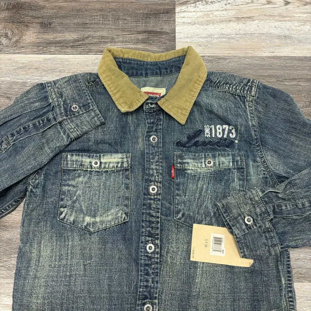 NWT Levis Corduroy Collar‎ Dark Wash Blue Boys S Button Up Denim Shirt Red Tab